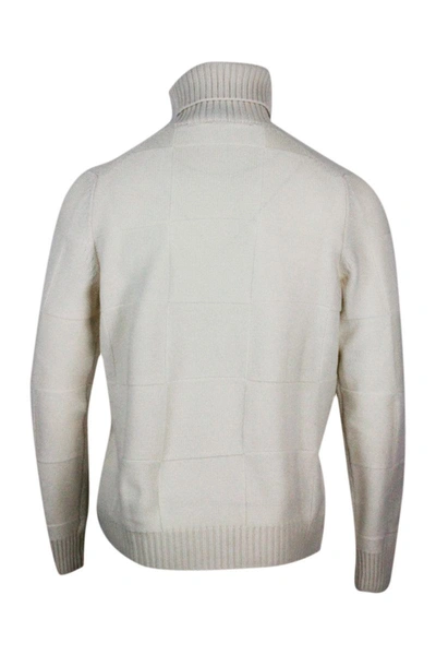 Barba Napoli Turtleneck Sweater In Pure And Soft Cashmere With Alternating Embossed Squares In White