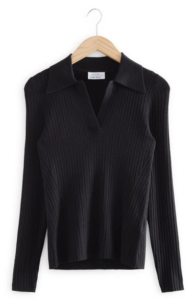 & Other Stories Long Sleeve Wool Blend Rib Polo In Black