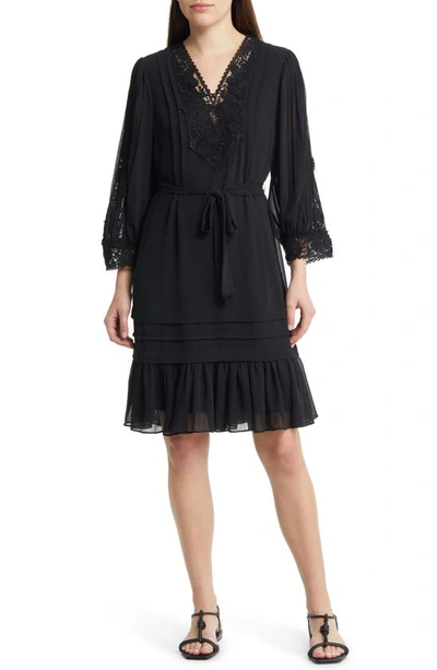 Shop Kobi Halperin Linda Lace Long Sleeve Crepe Dress In Black