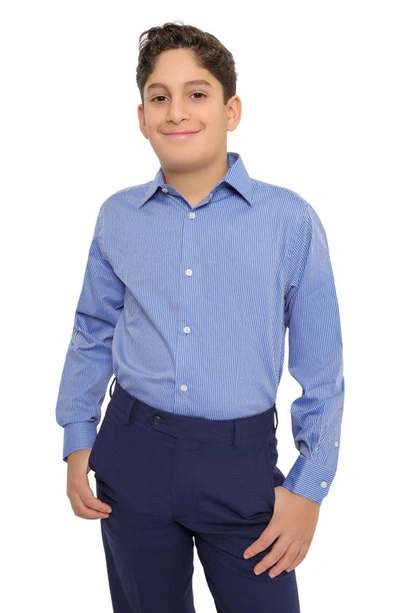 Shop Pinoporte Kids' Jailen Stripe Cotton Dress Shirt In Azure