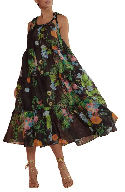 Shop Cynthia Rowley Floral Print Tiered Ramie Dress In Black