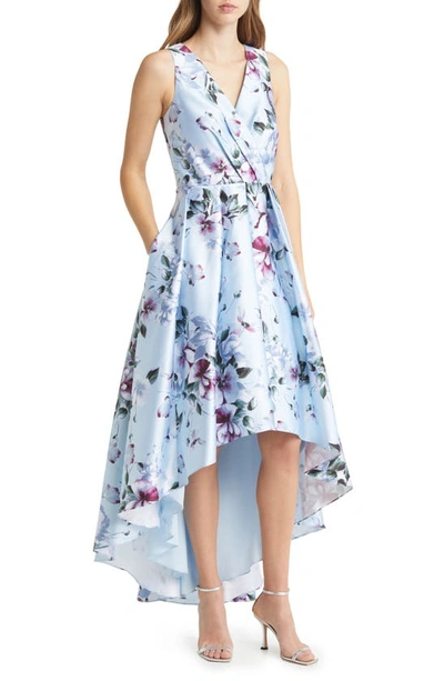 Shop Eliza J Floral High-low Cocktail Dress In Sky Combo