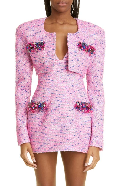 Shop Area Grape Embellished Crop Bouclé Tweed Jacket In Fuchsia Multi