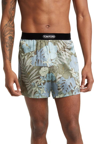 Shop Tom Ford Floral Print Stretch Silk Boxers In Blue / Green