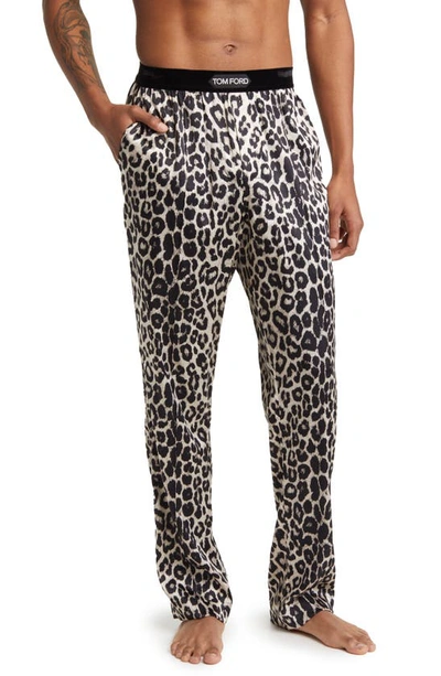 Shop Tom Ford Snow Leopard Print Stretch Silk Pajama Pants