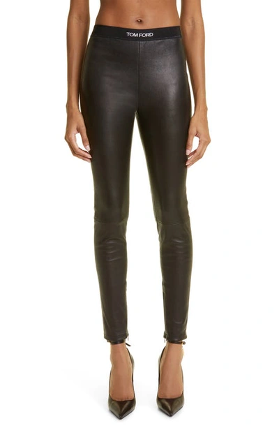 Shop Tom Ford Lambskin Leather Ankle Zip Leggings In Black