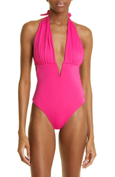 Plunging Haler Glossy Jersey One piece Swimsuit In Fuchsia