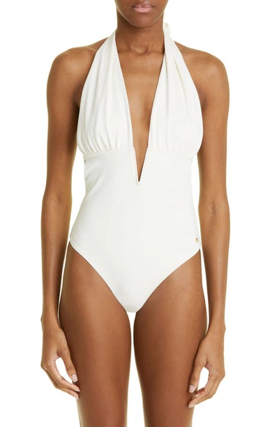 Shop Tom Ford Plunge Halter Neck Glossy Jersey One-piece Swimsuit In Chalk