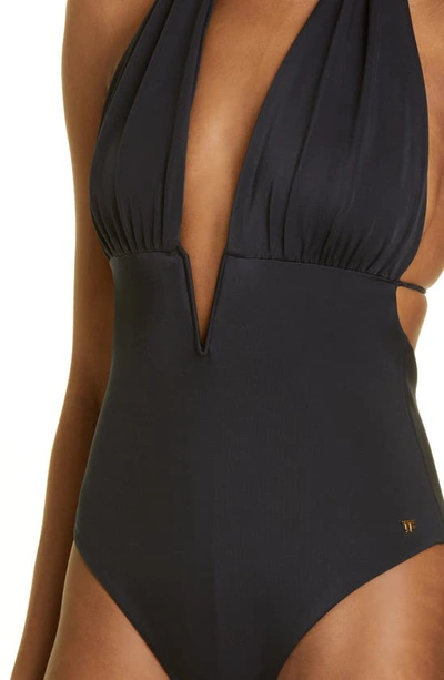 Shop Tom Ford Plunge Halter Neck Glossy Jersey One-piece Swimsuit In Black