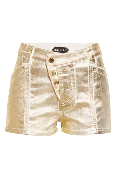 Shop Tom Ford Coated Stretch Denim Shorts In Gold