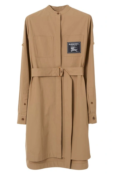 Shop Burberry Sofia Equestrian Knight Belted Long Sleeve Cotton Shirtdress In Camel
