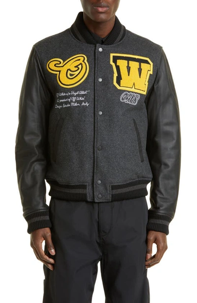 Off-White c/o Virgil Abloh Leather Varsity Jacket in Gray for Men