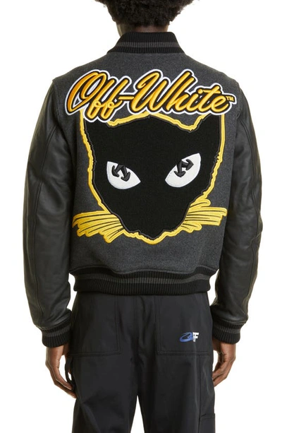 Shop Off-white Cat Wool Blend & Leather Varsity Jacket In Black Yellow