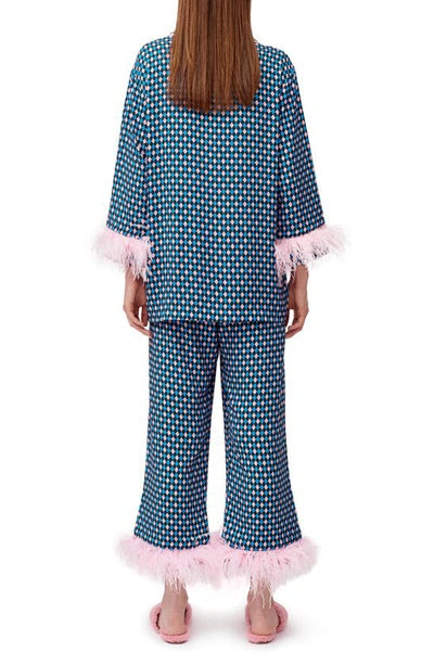 Feather-trimmed printed jersey pajama set