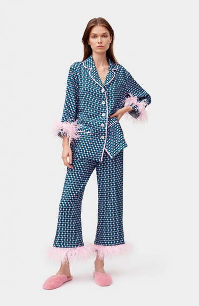 Sleeper Party Pajama Set With Double Feathers In Navy