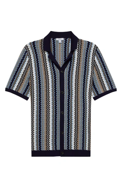 Shop Reiss Gibbon Stripe Short Sleeve Knit Button-up Shirt In Navy