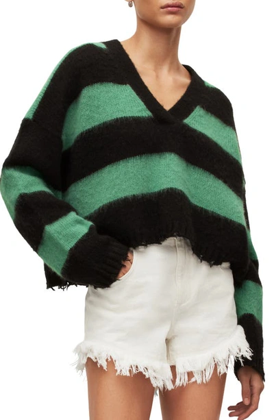 Shop Allsaints Lou Stripe Crop Sweater In Black/ Apple Green
