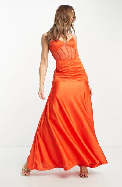 Shop Asos Design Corset Ruched Maxi Dress In Coral