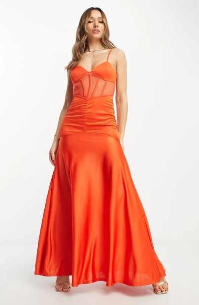 Shop Asos Design Corset Ruched Maxi Dress In Coral