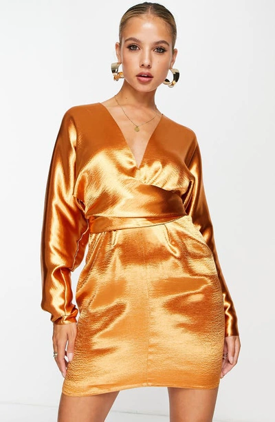 Shop Asos Design Batwing Long Sleeve Satin Dress In Gold