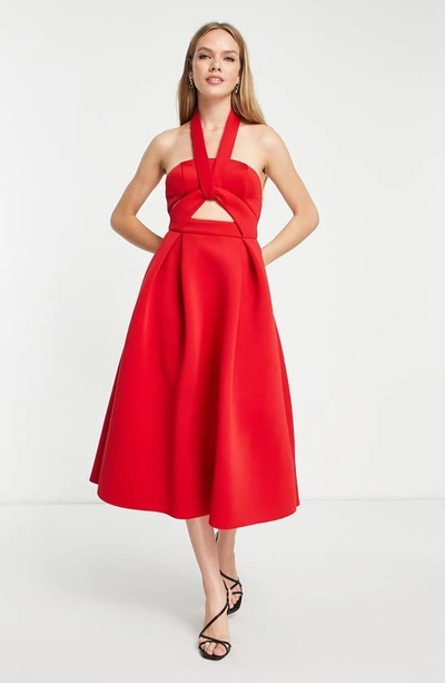 Shop Asos Design Cutout Halter Neck Cocktail Dress In Red