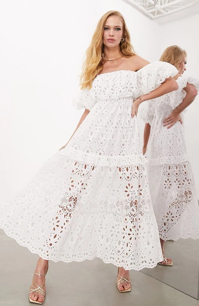Shop Asos Design Edition Broderie Anglaise Off The Shoulder Tiered Dress In White