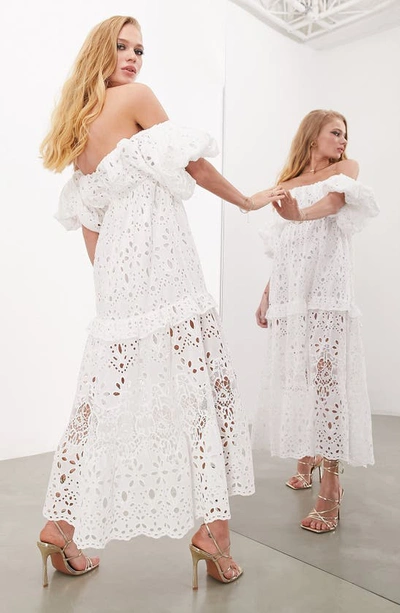 Shop Asos Design Edition Broderie Anglaise Off The Shoulder Tiered Dress In White