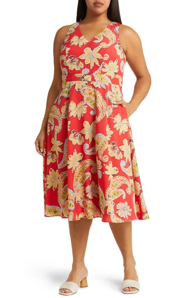 Shop Tahari Floral Tie Back Midi Dress In Grenadine