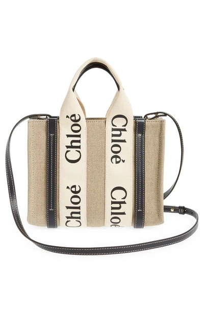 Shop Chloé Small Woody Logo Strap Linen Tote In White - Blue