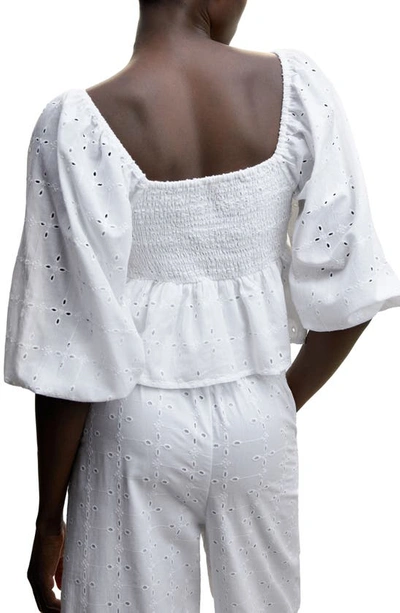 Mango Eyelet Puff Sleeve Peplum Blouse In White
