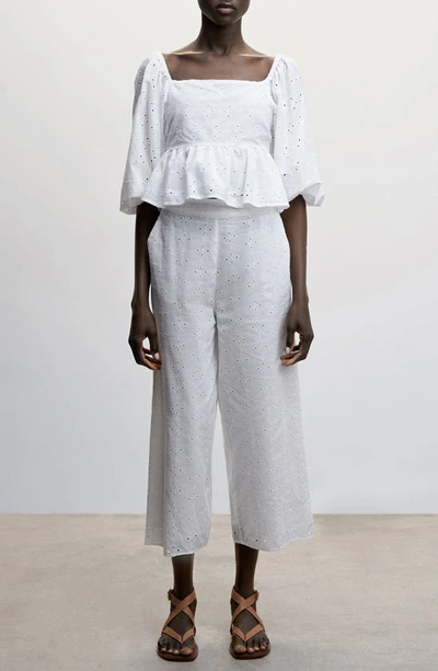 Mango Eyelet Puff Sleeve Peplum Blouse In White