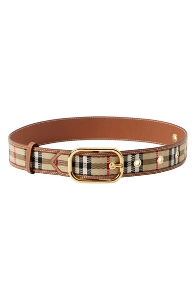 Shop Burberry Check Woven Belt In Vintage Check/ Gold