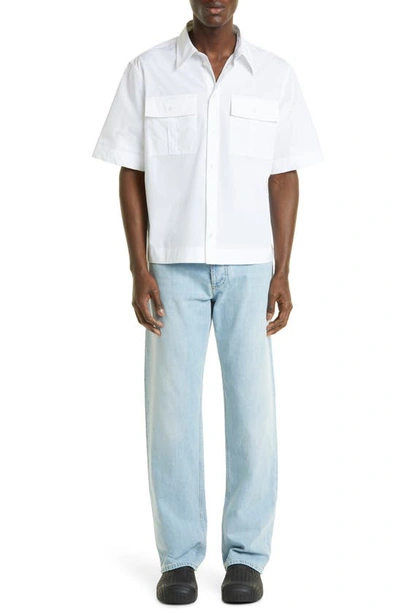 Shop Bottega Veneta Compact Cotton Poplin Short Sleeve Button-up Shirt In White