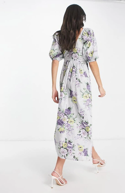 Shop Asos Design Floral Smocked Corset Cotton Dress In Light Grey