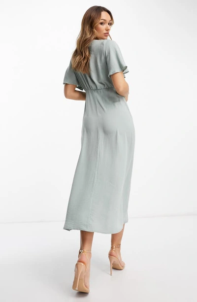 Asos Design Wrap Button Skirt Midi Dress With Pocket Detail In Duck Egg-blue In Medium Blue