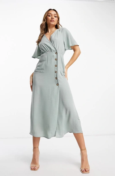 Asos Design Wrap Button Skirt Midi Dress With Pocket Detail In Duck Egg-blue In Medium Blue