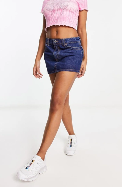 Asos Design Denim Pelmet Skirt With Western Pockets In Dark Blue In Medium Blue