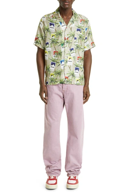 Shop Rhude Palm Tree & Cigarette Print Silk Button-up Camp Shirt In Taupe/ Multi 1386