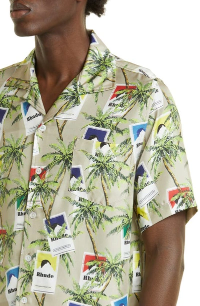 Shop Rhude Palm Tree & Cigarette Print Silk Button-up Camp Shirt In Taupe/ Multi 1386