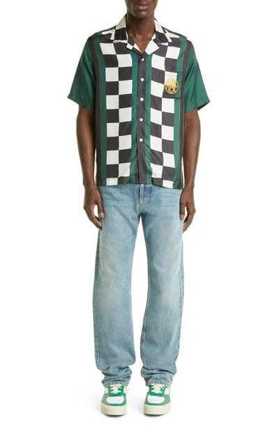 Shop Rhude Race Flag Logo Embroidered Silk Button-up Camp Shirt In Forest/ Black/ White 1384