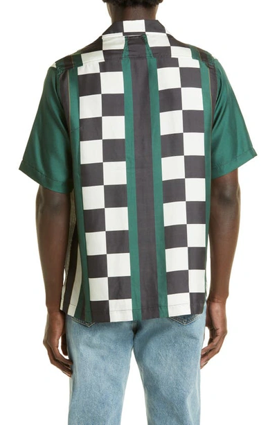 Shop Rhude Race Flag Logo Embroidered Silk Button-up Camp Shirt In Forest/ Black/ White 1384
