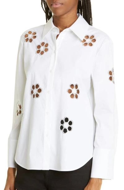 Shop Alice And Olivia Finley Embroidered Cutout Button-up Shirt In Off White