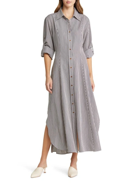 Shop Argent Stripe Long Sleeve Maxi Shirtdress In Navy Stripe