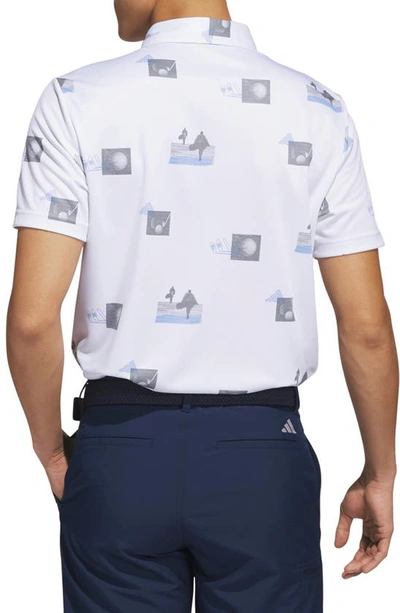 Shop Adidas Golf Allover Print Golf Polo In White/ Blue Fusion/ Grey Three