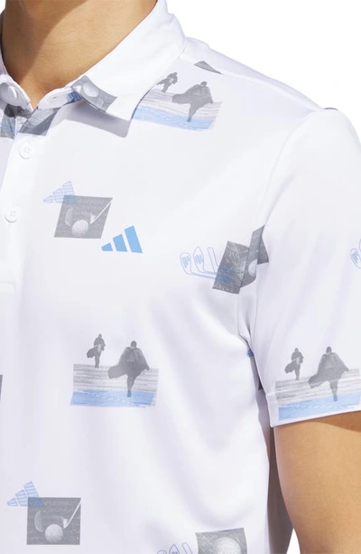 Shop Adidas Golf Allover Print Golf Polo In White/ Blue Fusion/ Grey Three