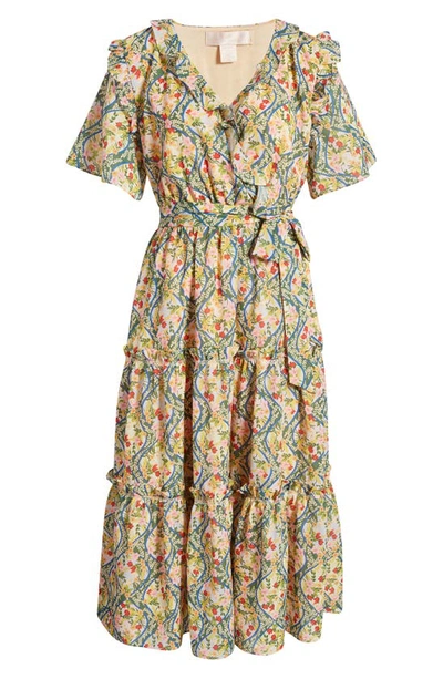 Shop Rachel Parcell Floral Ruffle Chiffon Faux Wrap Midi Dress In Trellis Print