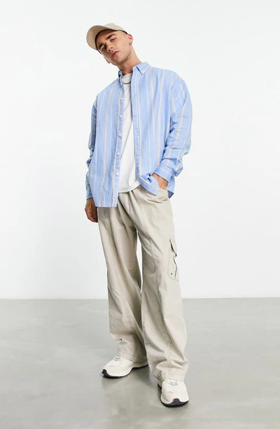 Shop Asos Design Oversize Stripe Linen & Cotton Button-down Shirt In Mid Blue