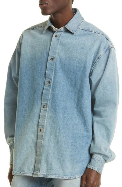Fear Of God Light Blue Shirt With Faded Denim Effect In Animal Print
