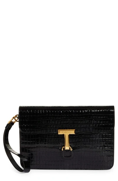 Shop Tom Ford Small T-clasp Croc Embossed Leather Portfolio In Black