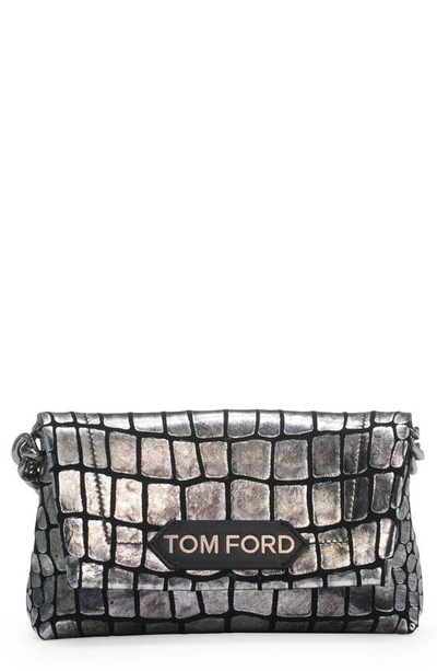 Shop Tom Ford Mini Metallic Croc Embossed Leather Clutch In Silver/ Black